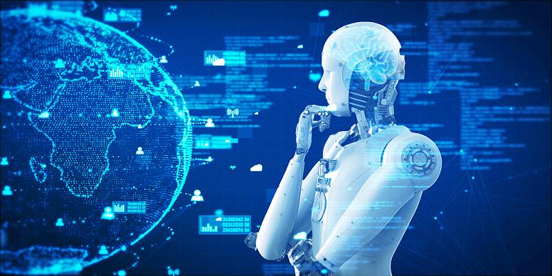 创新发展蓝色科技风格机器人地球科技素材人工智能展板背景
